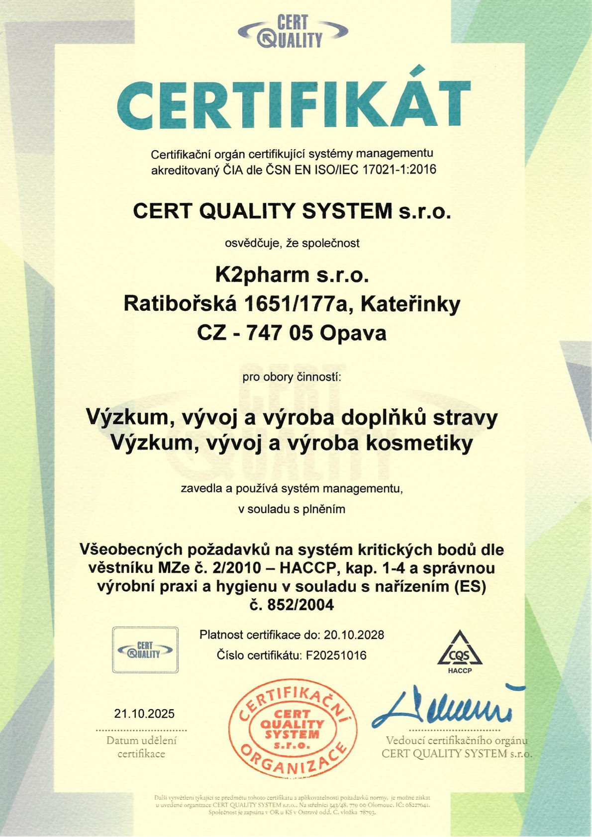Certifikát HACCP_Cert Quality_DS a Kosmetika_CZ